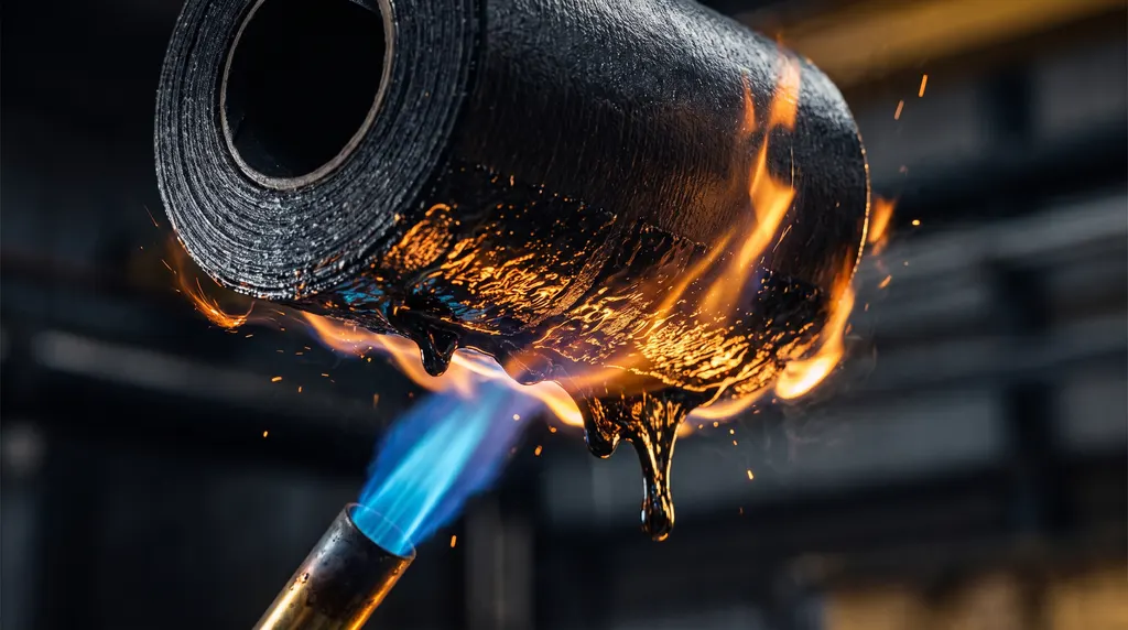 Brander smelt de onderkant van een bitumenrol